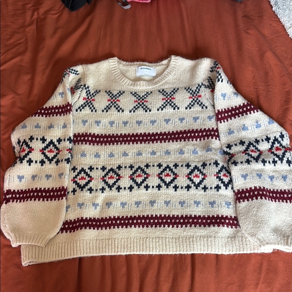Old Navy Cream and Red Fair Isle Crew Neck Sweater